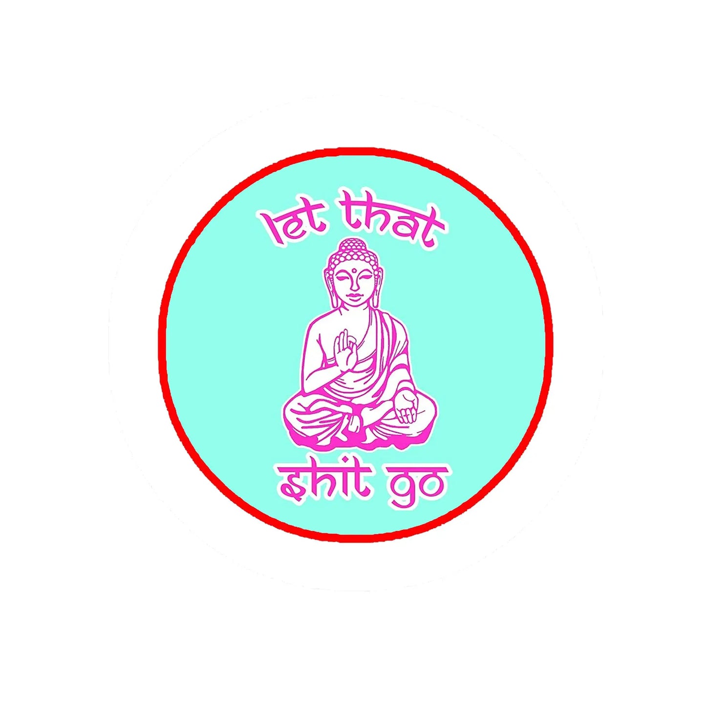 Round pinback button with red rim, mint background, purple seated figure and text