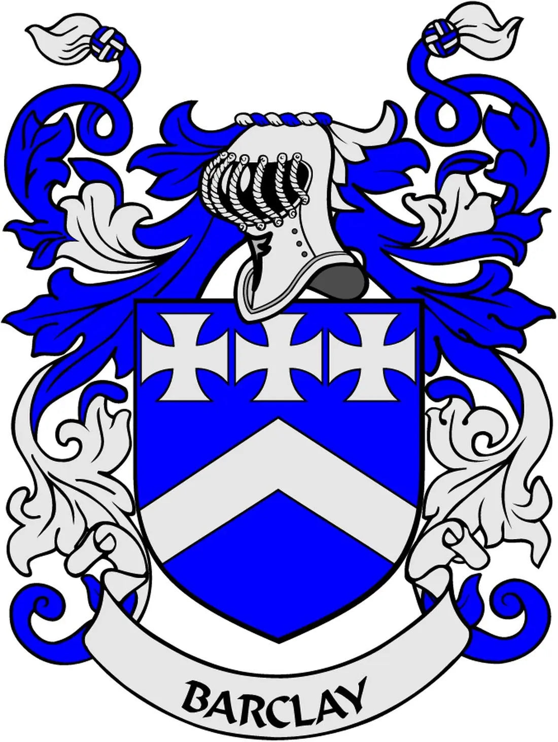 Barclay family crest magnet: blue shield with helm and ribbon, BARCLAY label