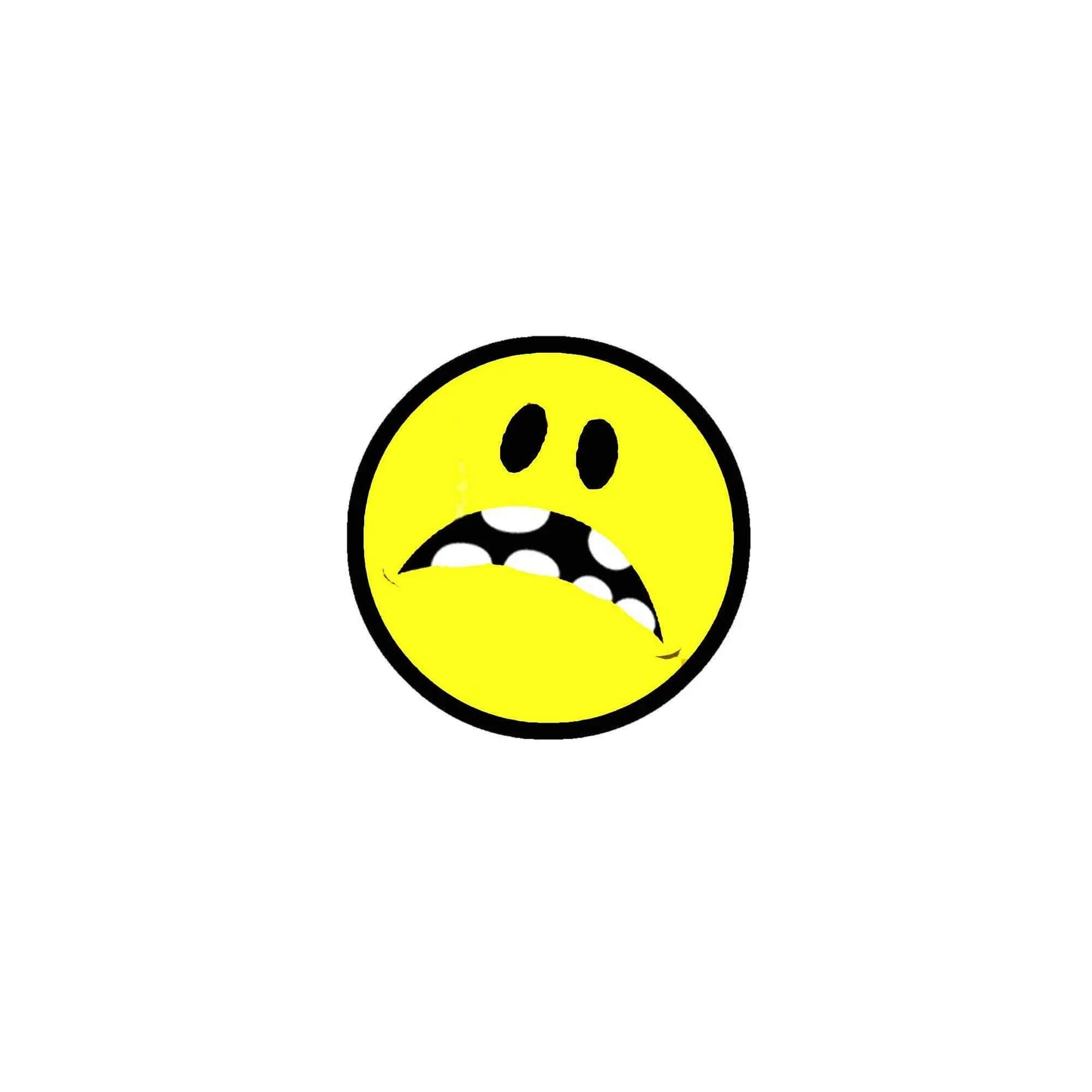 2.25-inch emoticon pinback button, yellow face with black eyes and white teeth