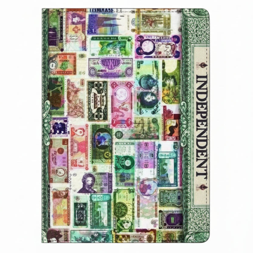 Passport cover holder with green money collage and vertical text panel