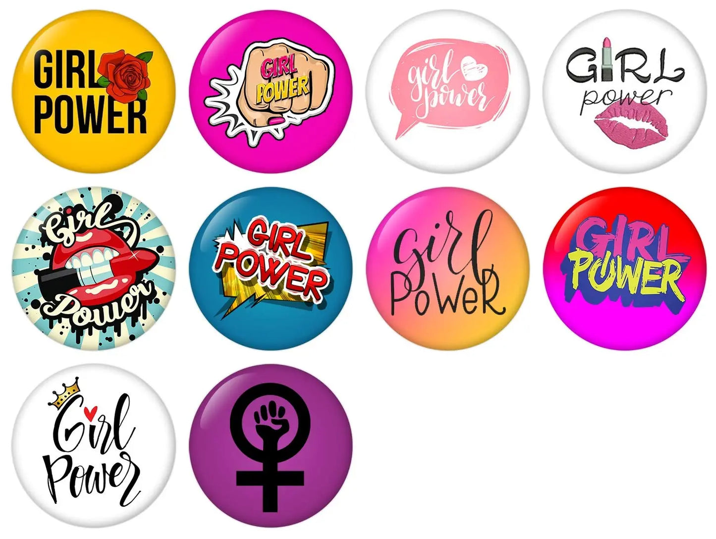 Girl Power pinback button badge set, 10 pack of 1-inch circular designs with slogans