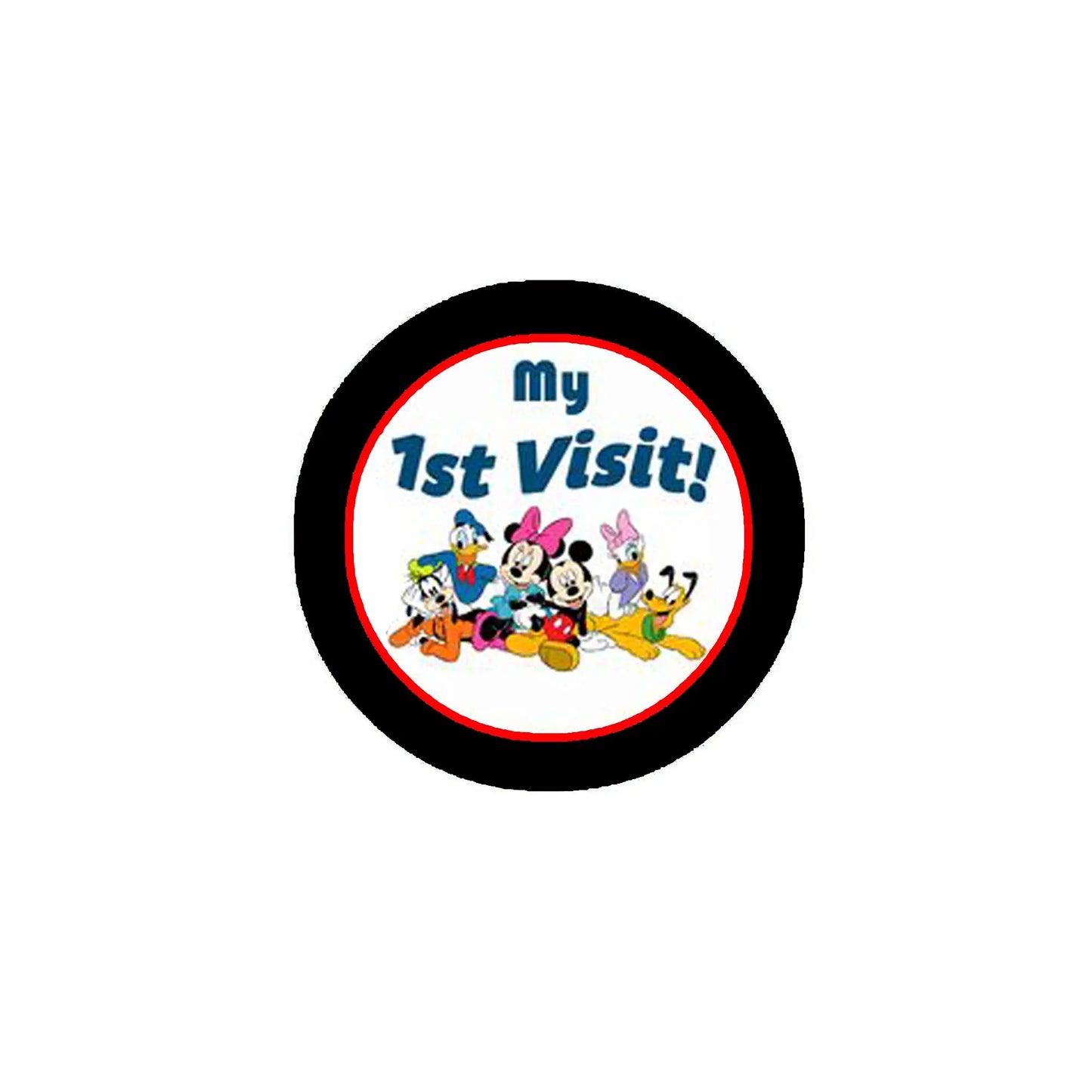 Round pinback button with black border, 'My 1st Visit!' text and cartoon characters