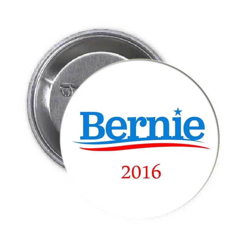 Bernie 2016 round pinback button with blue Bernie text, red 2016, silver back