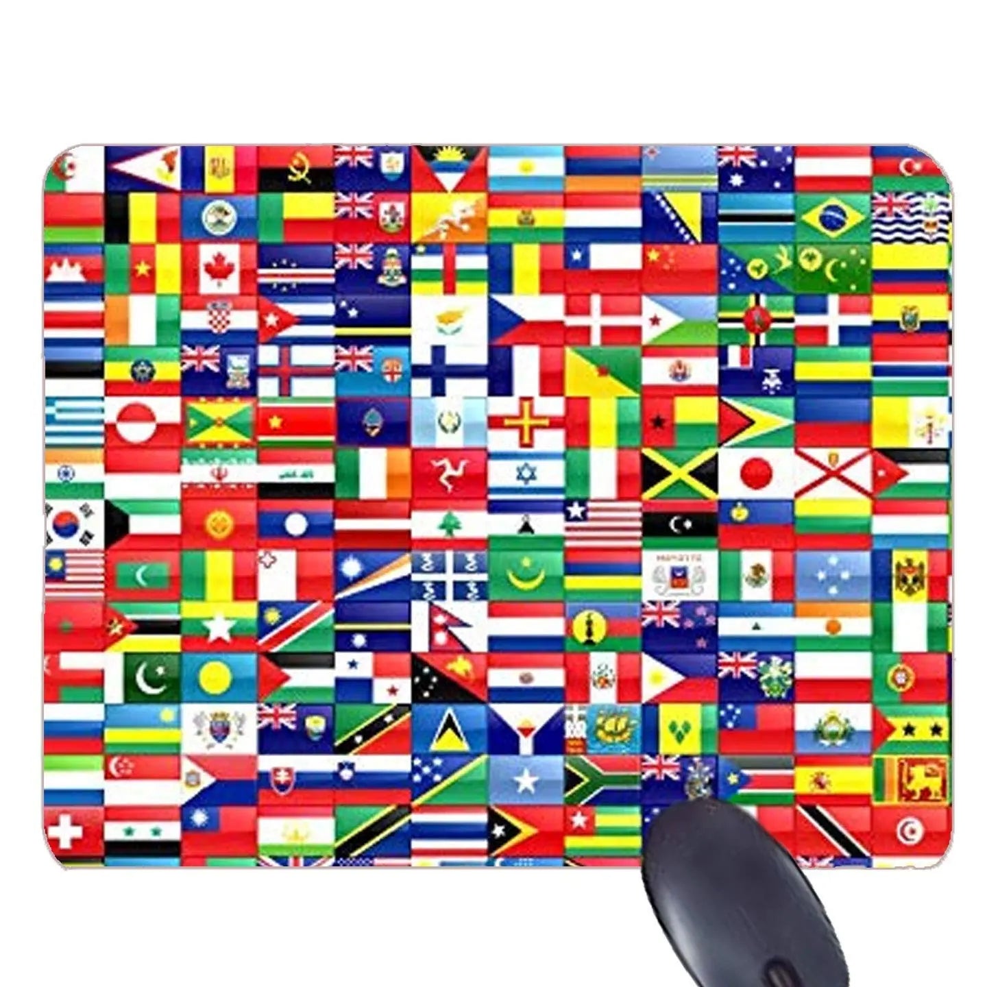 Country-flag themed rectangular mouse pad with multicolor flag collage, rounded corners