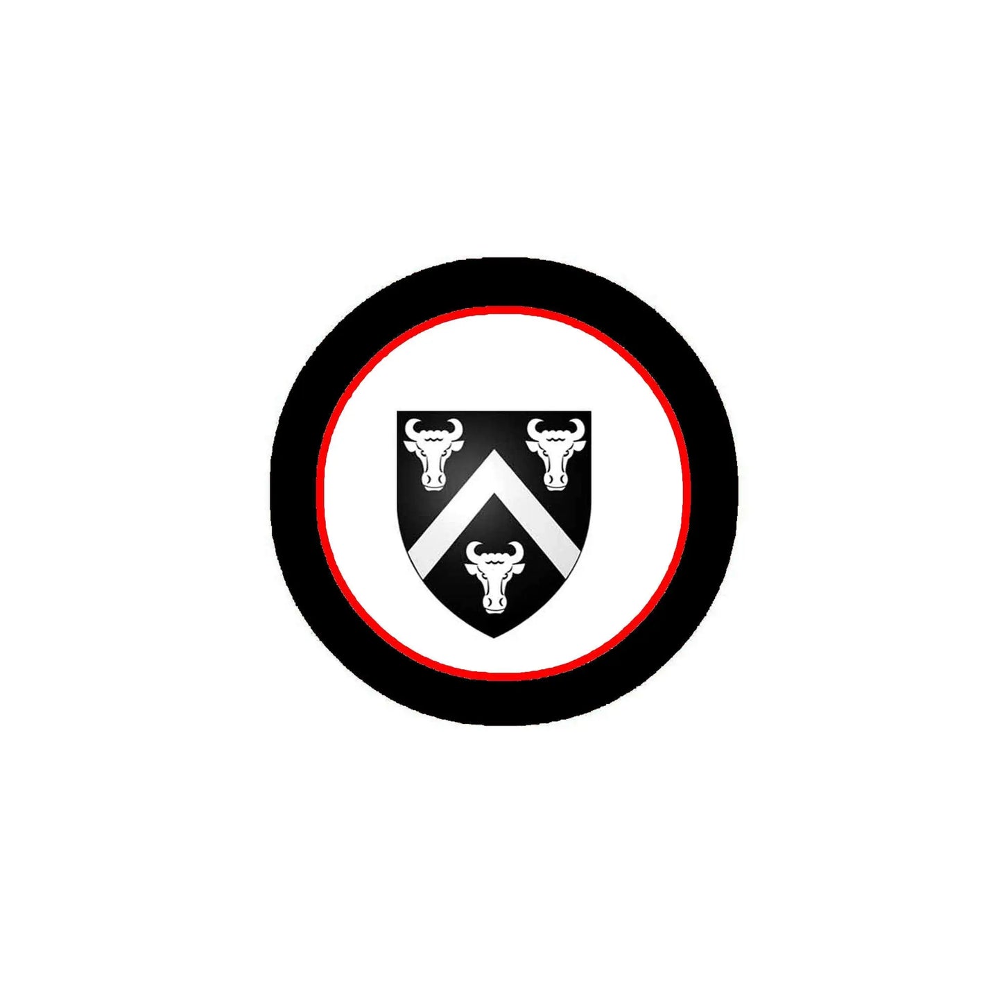 3-inch Buckley coat arms magnet with black frame, red ring, white shield and black icons