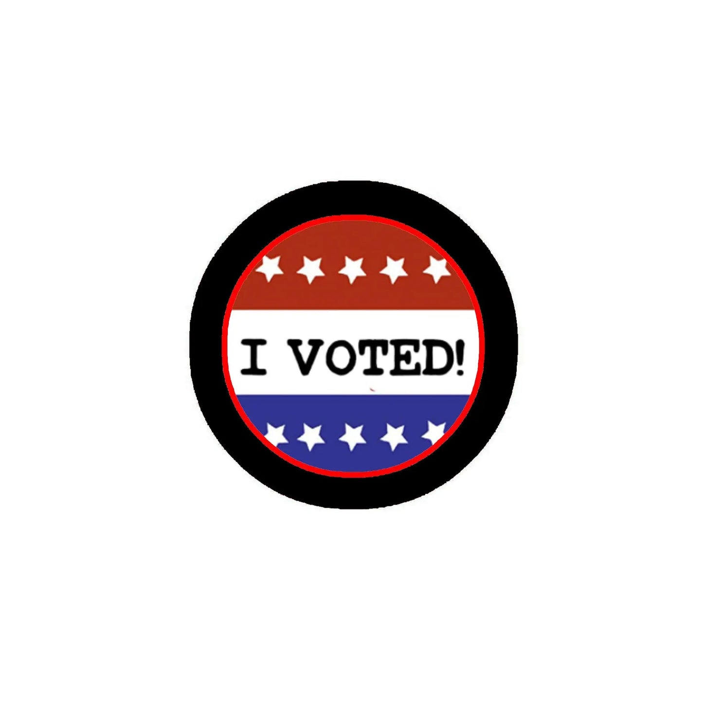 I VOTED! pinback badge with red, white, and blue stars and stripes, round black border