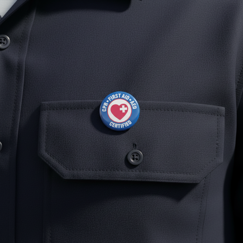 CPR First Aid AED pin on a dark uniform jacket chest pocket