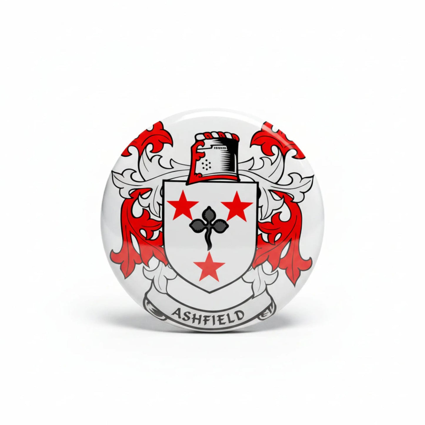 Family crest coat-of-arms magnet with red shield, stars, black crown, and gray banner