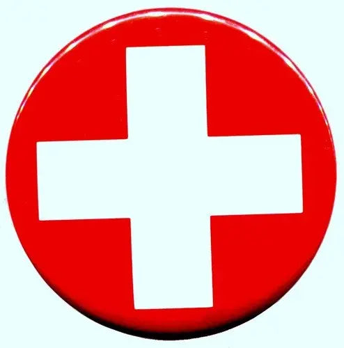 Red enamel-style button pin with white Swiss cross, 2.25-inch pinback.