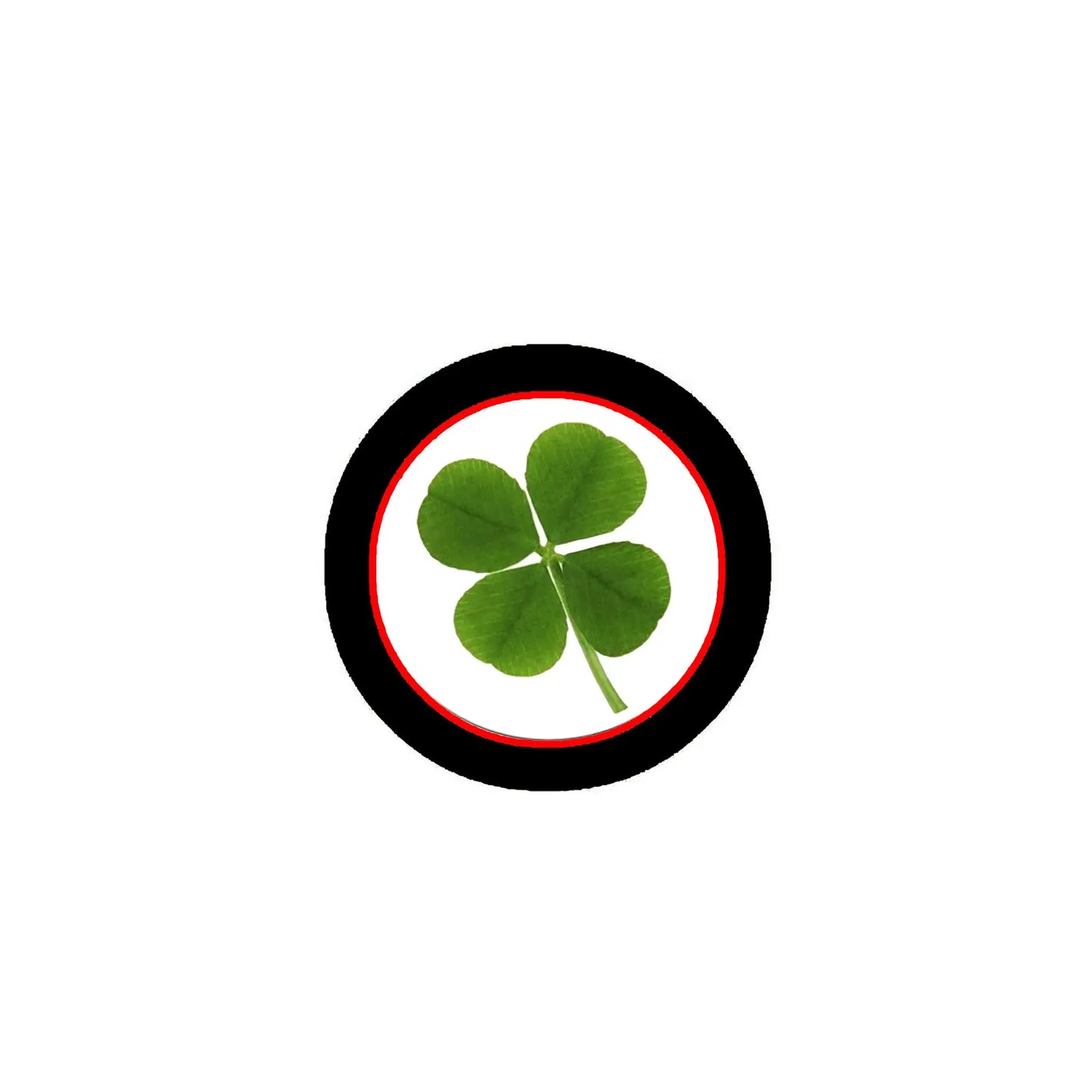 Round pinback badge with green four-leaf clover inside red ring on white