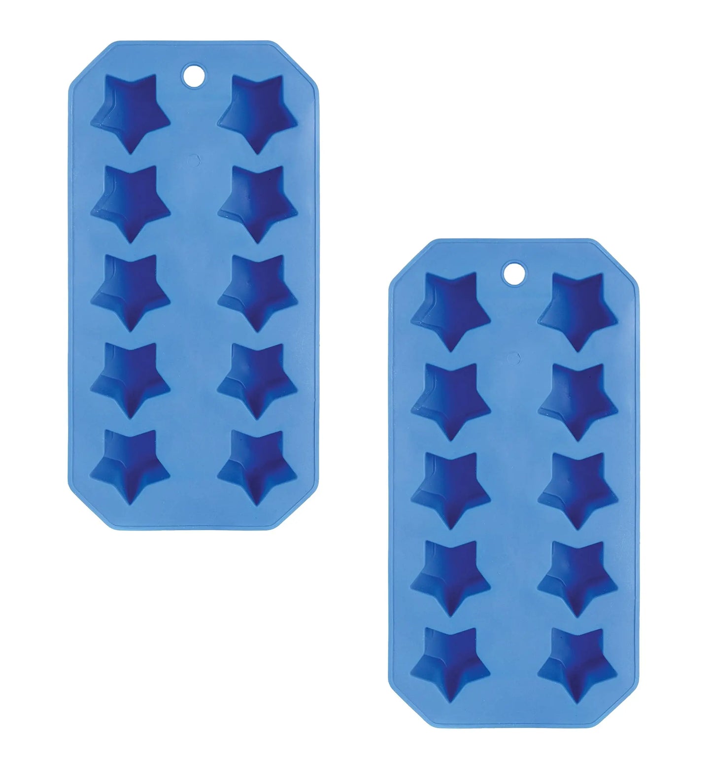 Blue silicone star-shaped ice cube mold tray, multiple patriotic star cavities, set of 2