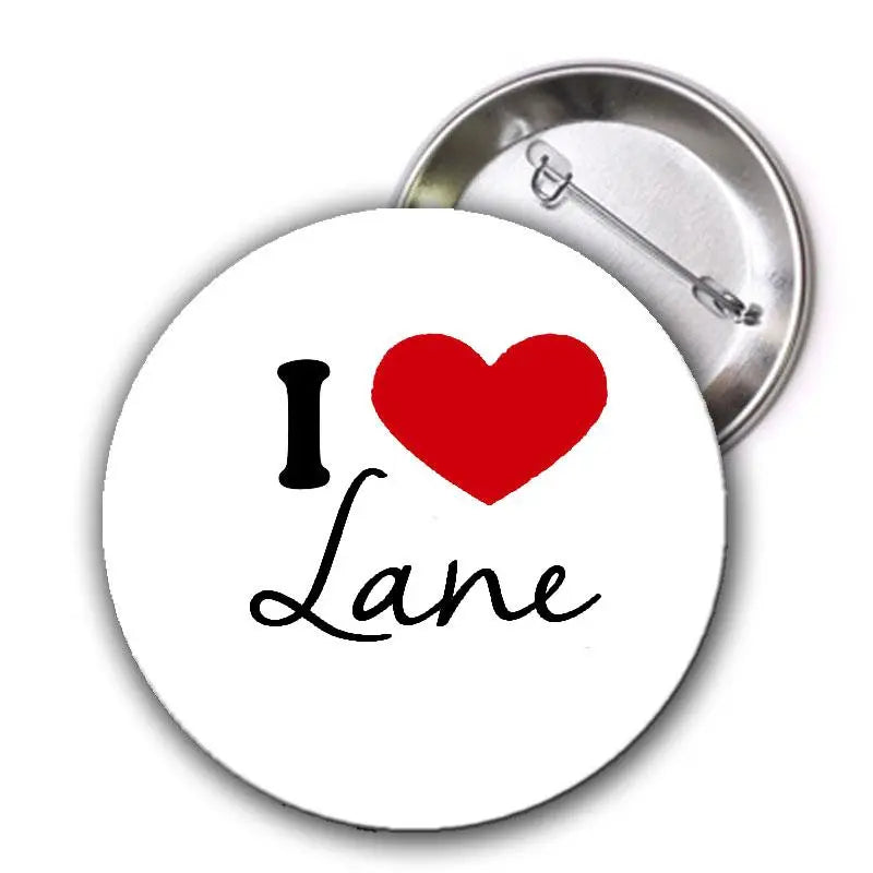 2.25-inch round pinback button with red heart and 'I love Lane' text