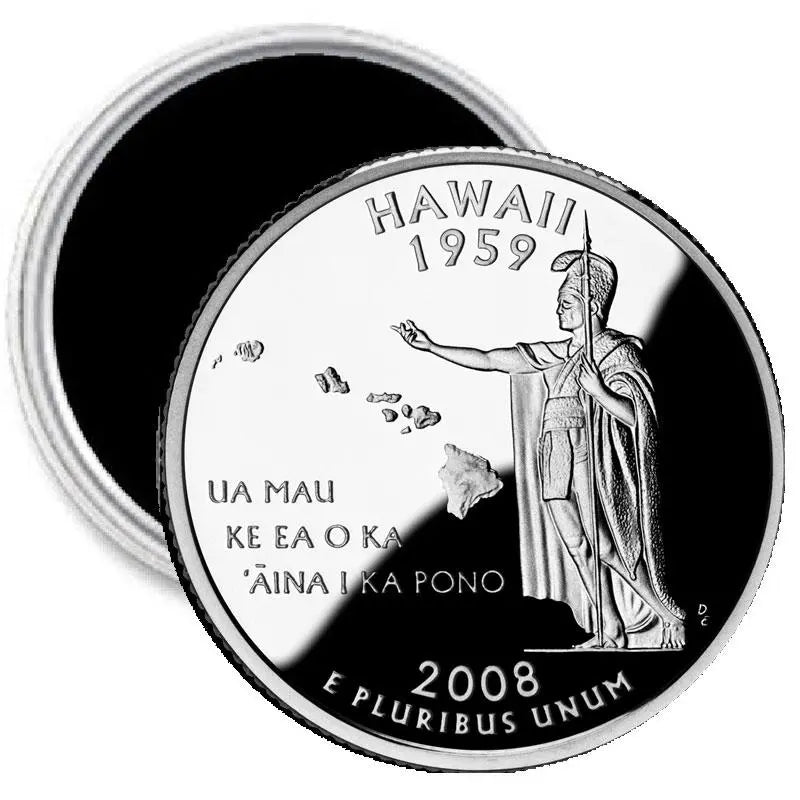 Round Hawaii state quarter mint image magnet, silver tone with statue and 'HAWAII 1959' text