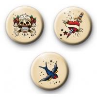 3 Pcs Old School City Art Tattoo Style Pinback 1.25"