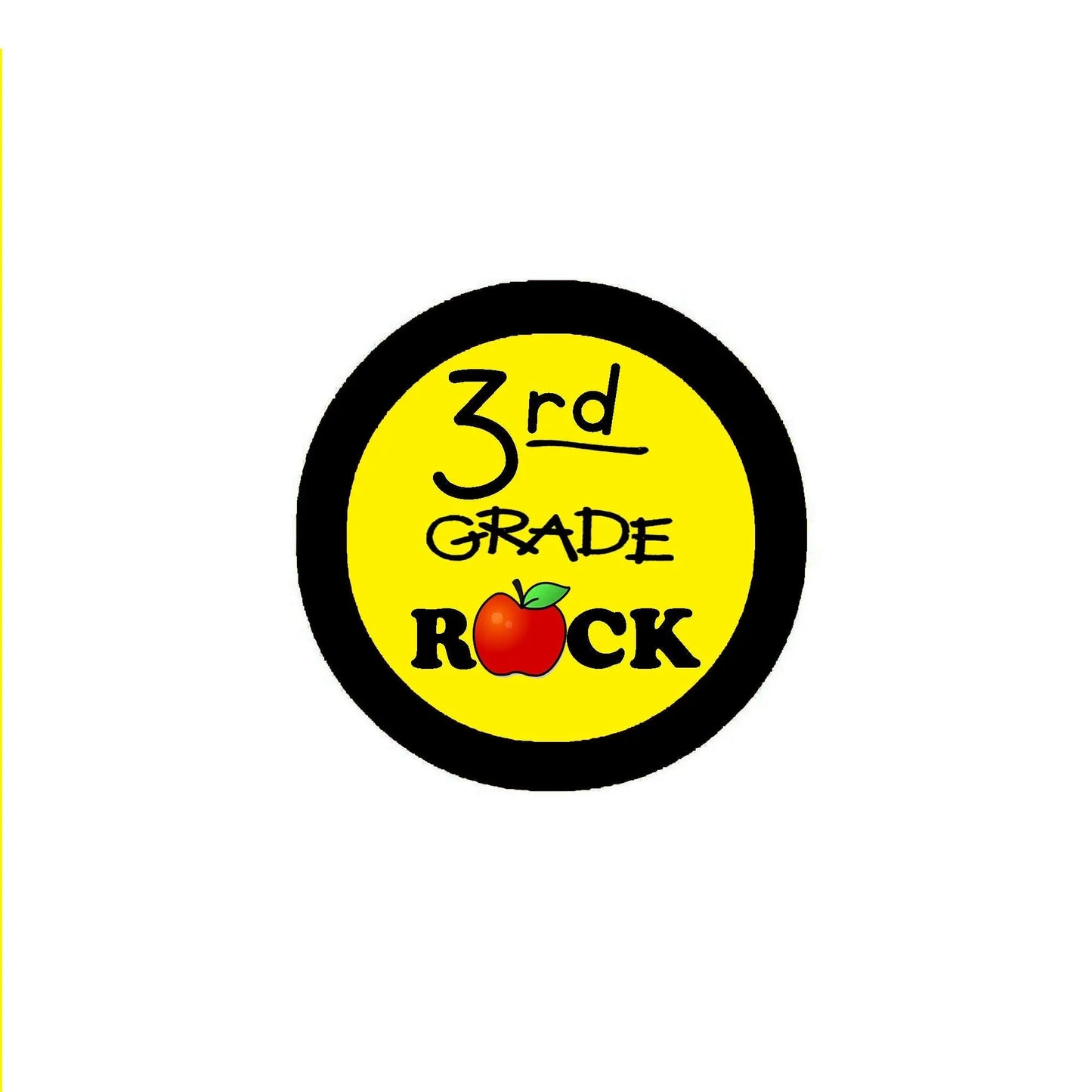 Third Grade Rock round pinback brooch with black border and yellow center, “3rd Grade Rock”