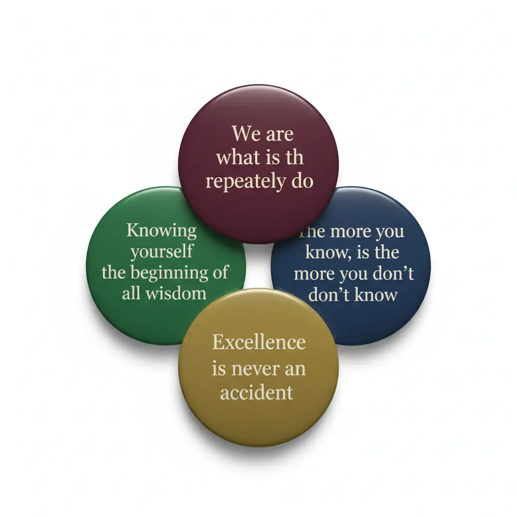 Set of four round pinback buttons with Aristotle quote text, maroon, green, blue, gold