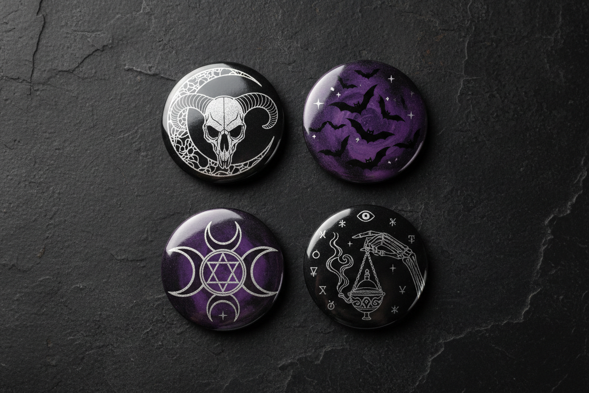 Gothic pinback buttons (set of 4) with skull, bats, and occult symbols