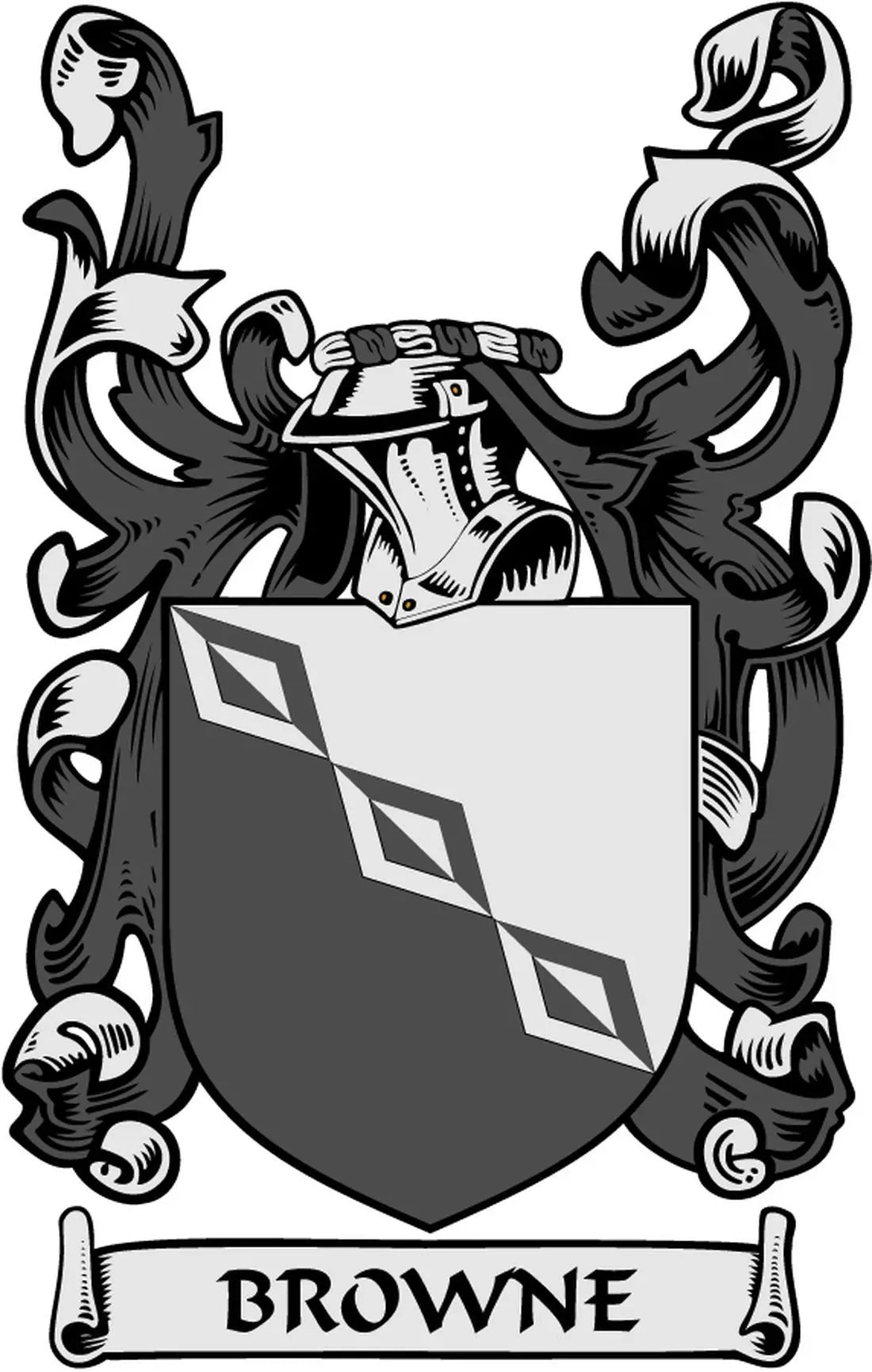 Browne family crest arms magnet with black shield and banner text "Browne"