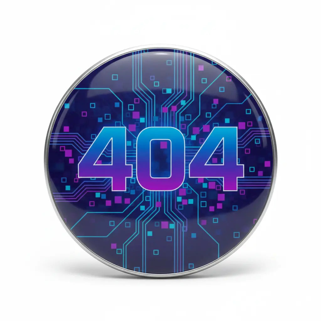 2.25-inch pinback button with purple and blue 404 circuit design
