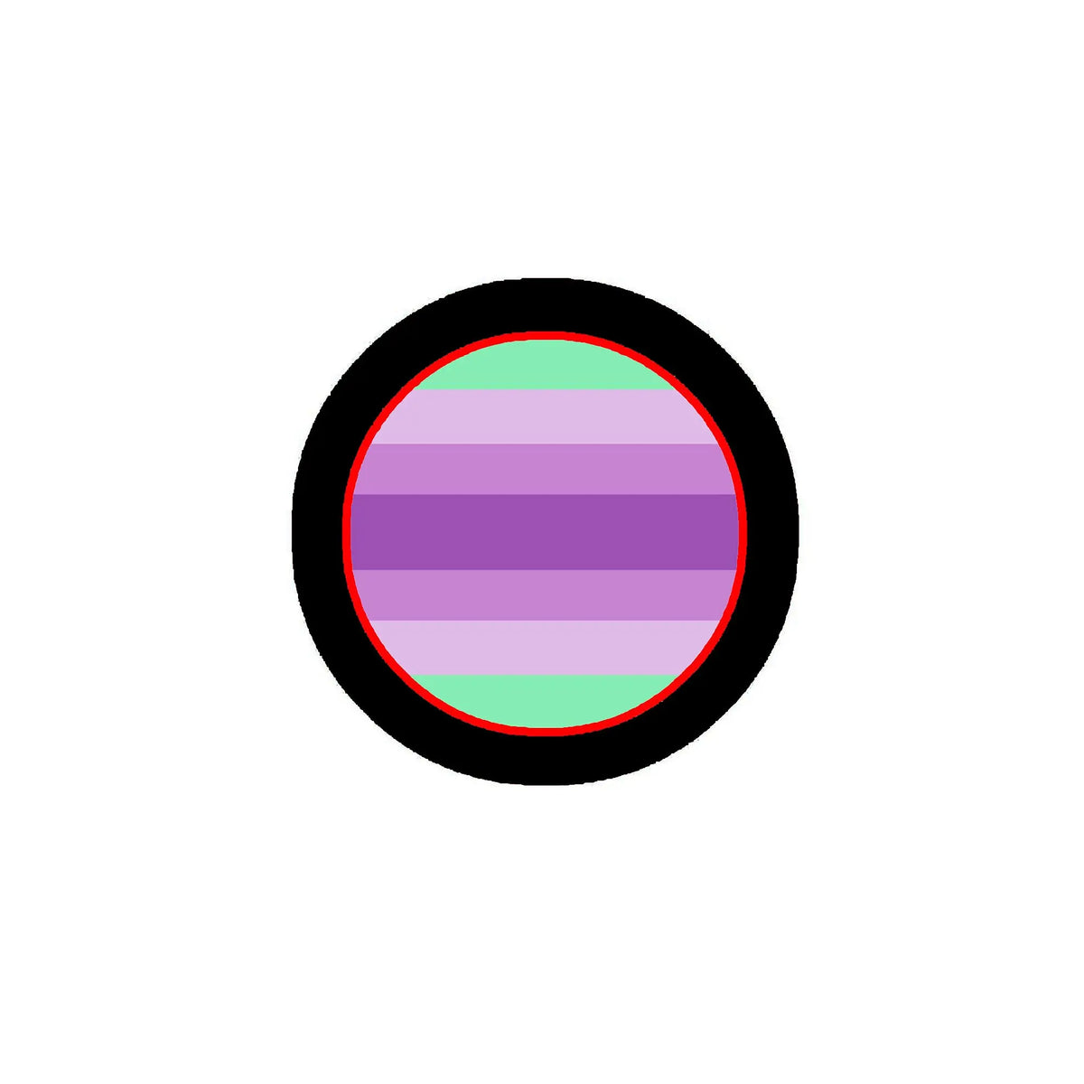 Femgender pride flag pinback button, circular with black rim and purple-striped center