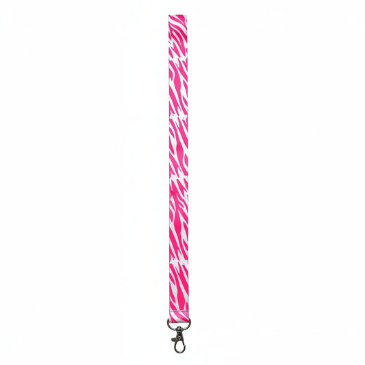 Pink zebra-striped lanyard with metal clip and keyring, ID badge holder.