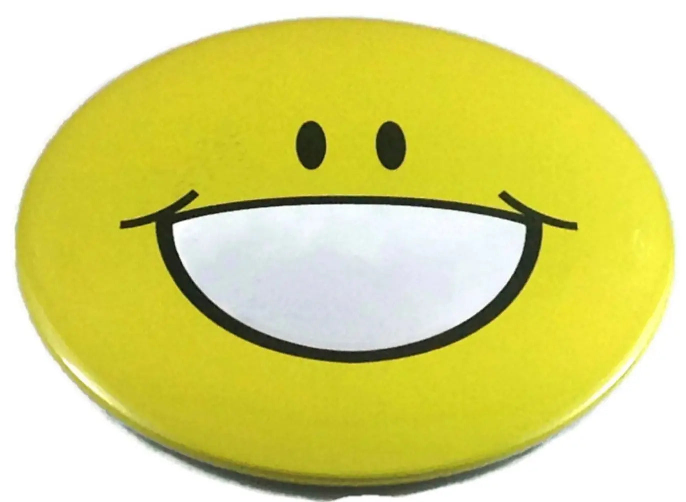 Yellow smiley face pinback button with black curved grin and white mouth