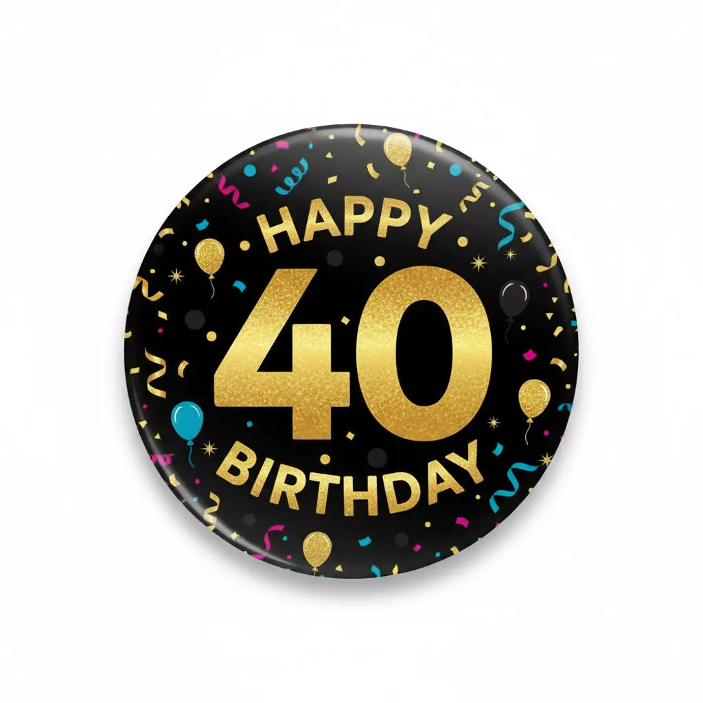 Round 40th birthday pinback button with "Happy 40 Birthday" in gold on black