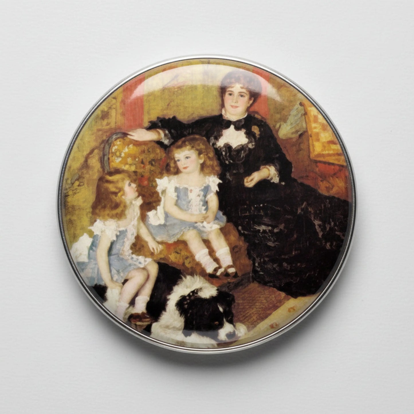 2.25-inch round pinback button with painted mother, daughters, and dog portrait.