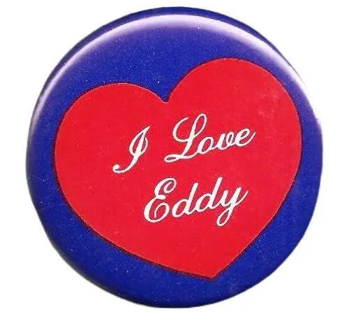 Heart pinback button with red face and white "I Love Eddy" text