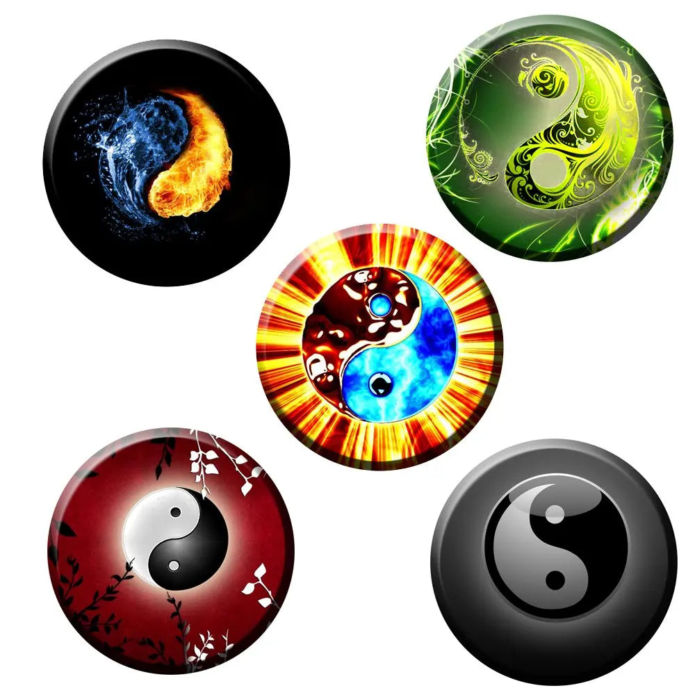 Set of 5 round yin-yang badge pinback buttons with colorful galaxy designs