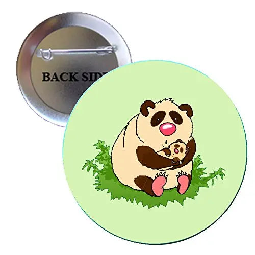 Round green panda pinback button brooch with cartoon panda hugging baby panda