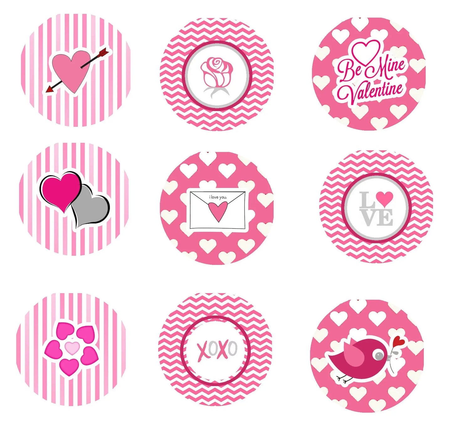 Heart-themed pinback button set with pink circular designs and love messages, 9-piece