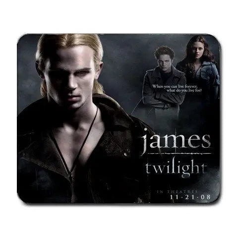 Dark rectangular mouse pad with grayscale portrait of James and 'twilight' text