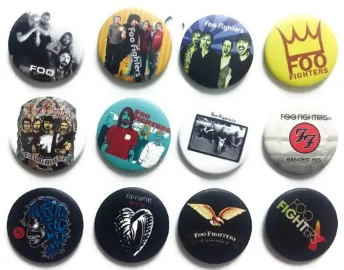 Set of round band logo button pins with Foo Fighters graphics, assorted designs