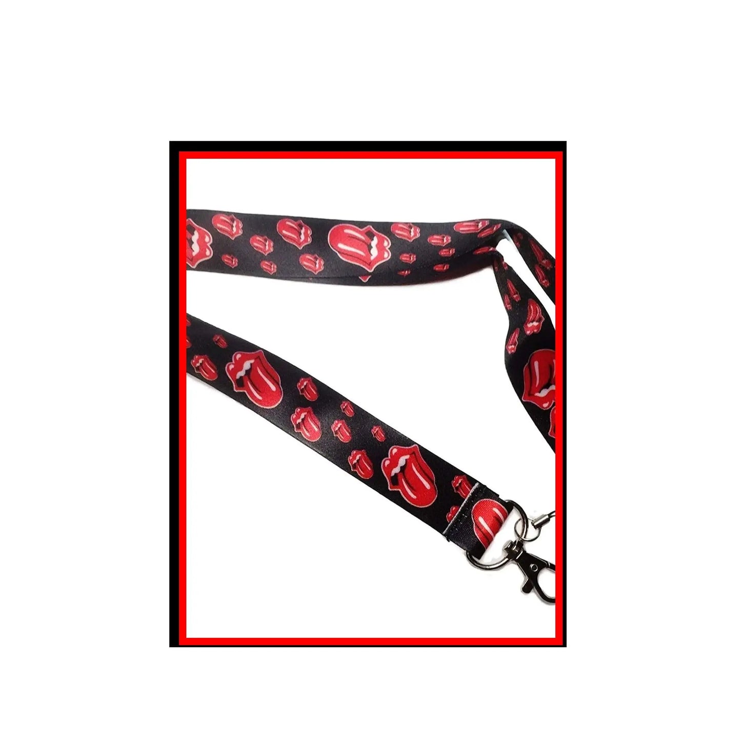 Black tongue and tooth themed lanyard with red printed lips and metal clip