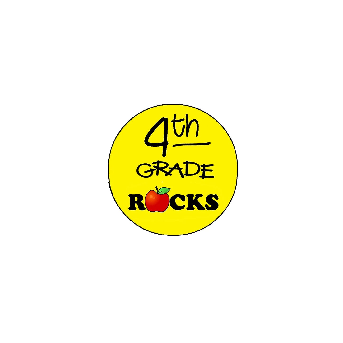 Round yellow 2.25-inch pinback badge with “4th Grade Rocks” text and red heart icon