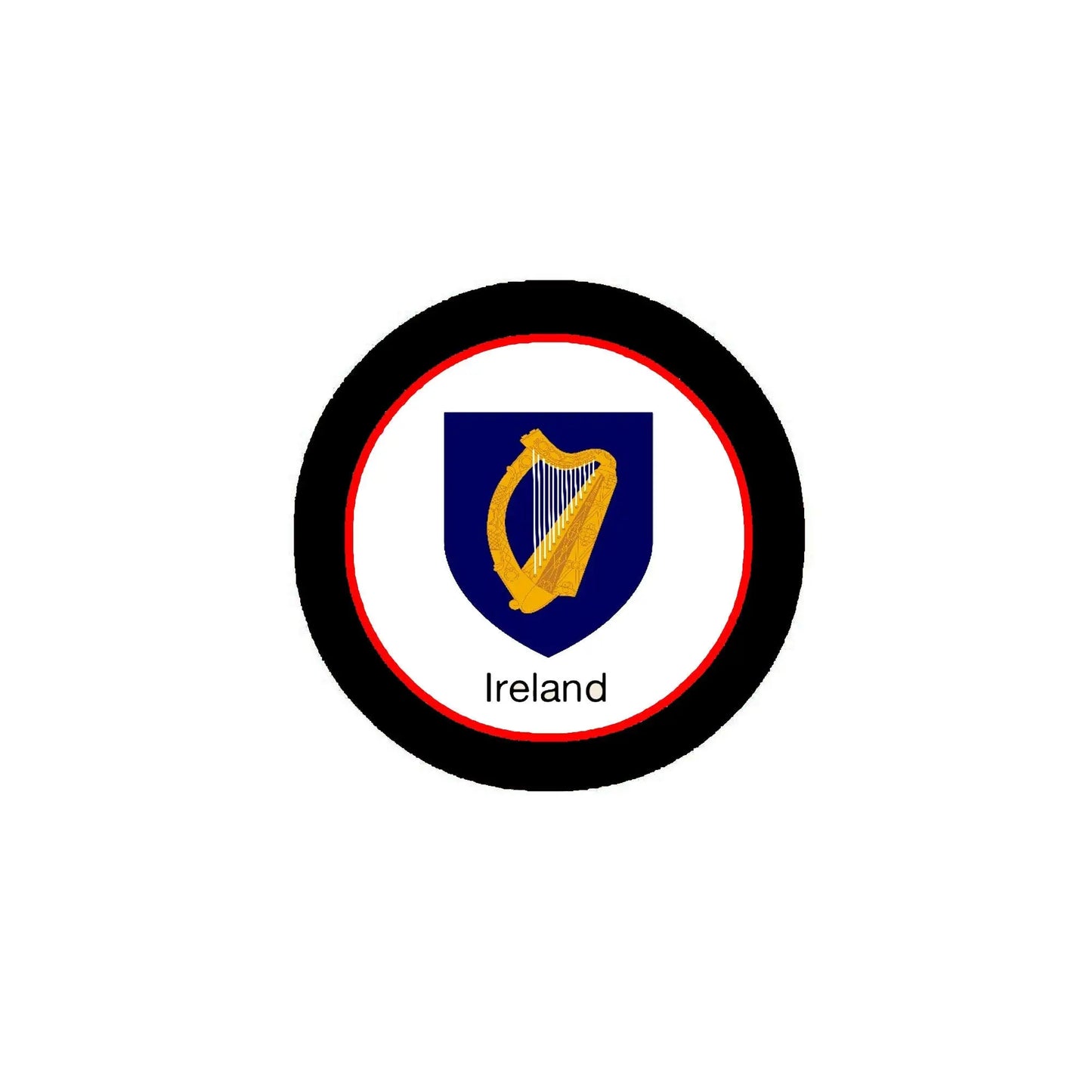 Circular Ireland coat of arms emblem patch with blue shield and gold harp, black border
