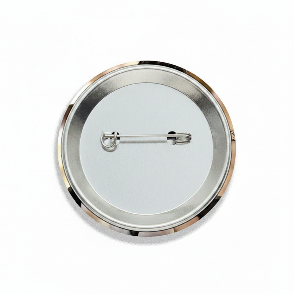 The back view of a round pinback button badge, showing a silver-tone metal rim, a white center, and a safety pin clasp mechanism.