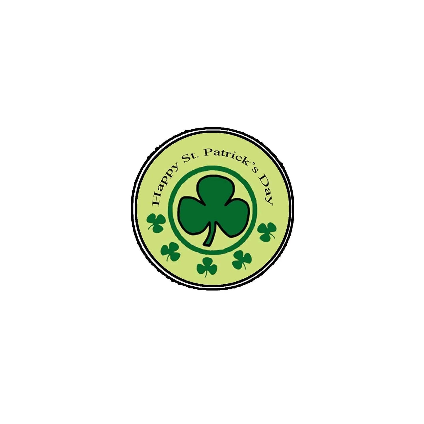 Round St. Patrick's Day sticker, green with shamrock and 'Happy St. Patrick's Day' text