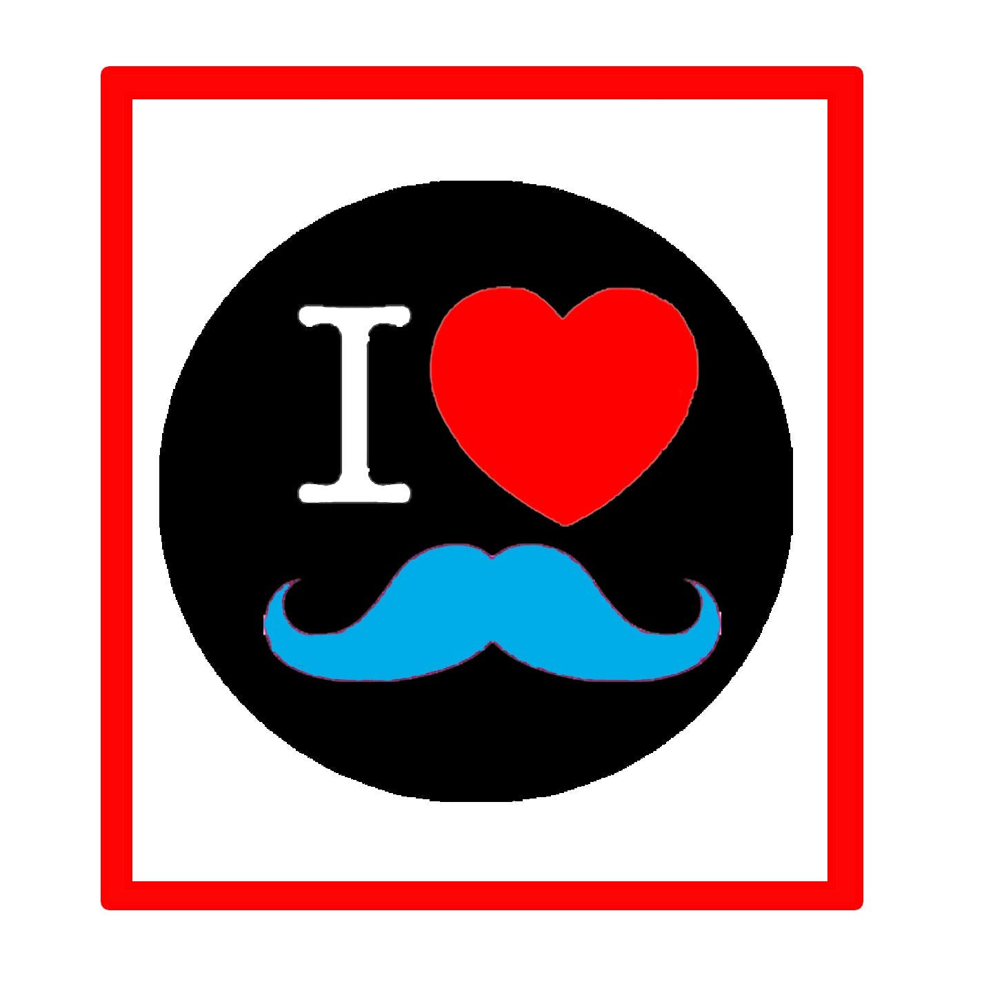 Round pinback button with black background, white āIā, red heart, and blue mustache