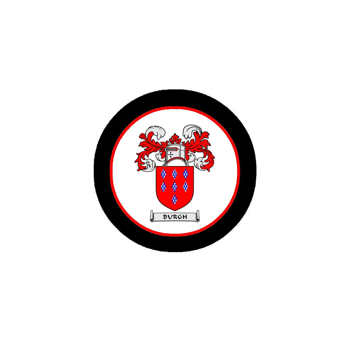 Circular family crest coat arms magnet with black border and blue shield design