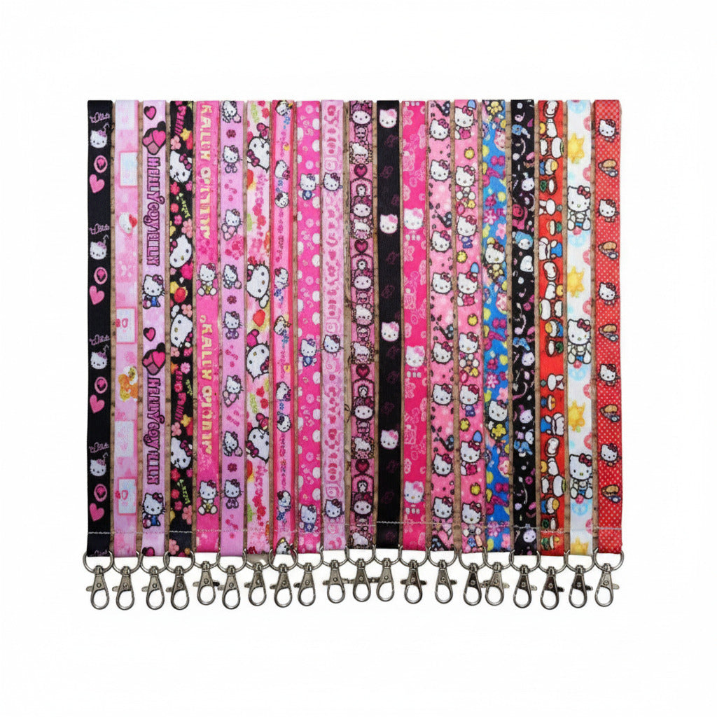 Set of 12 multicolor cartoon lanyards with metal clips and keyring loops