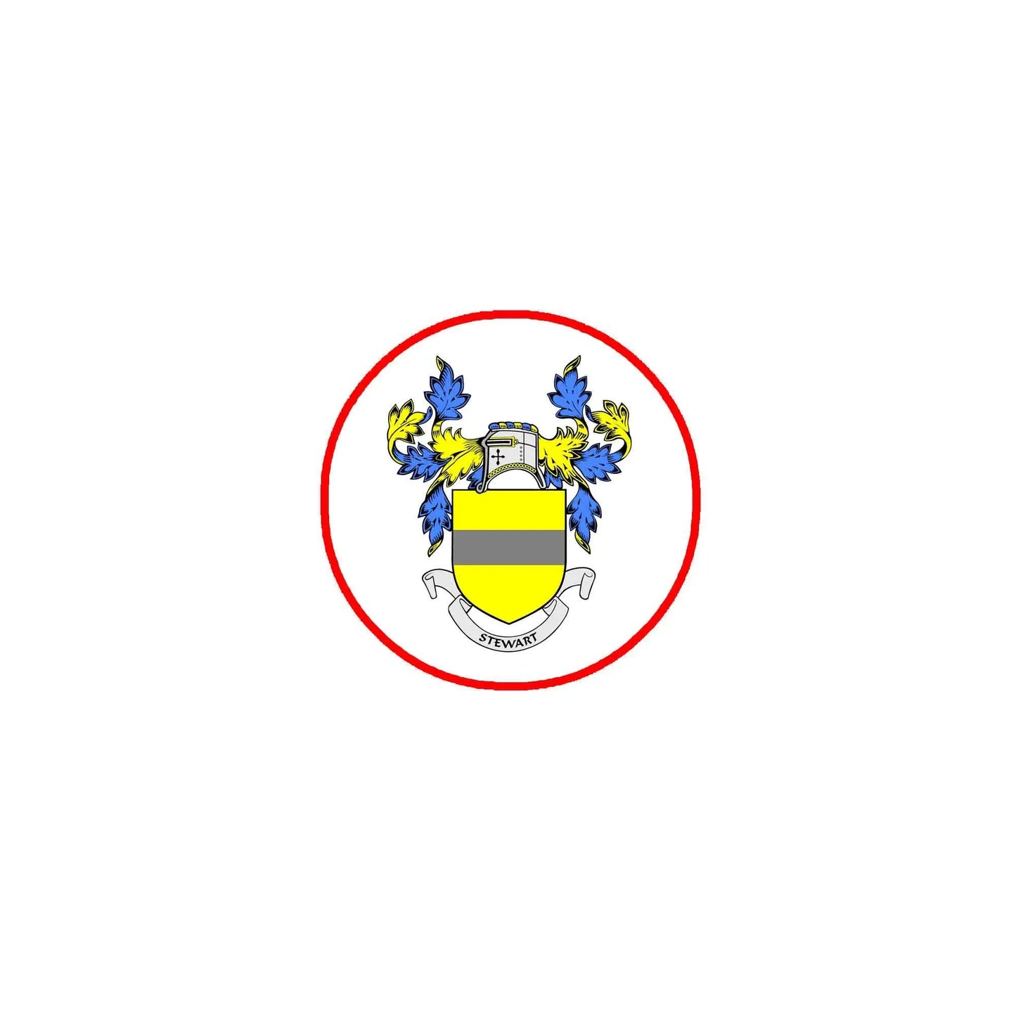 Stewart family crest coat arms magnet, circular 3-inch red-bordered shield design