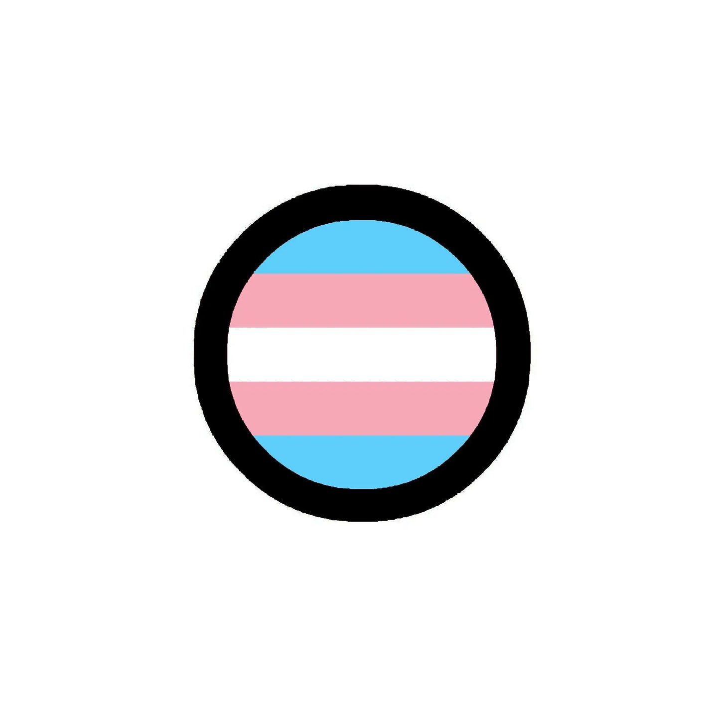 Transgender pride flag badge pin with circular black border and horizontal pastel stripes