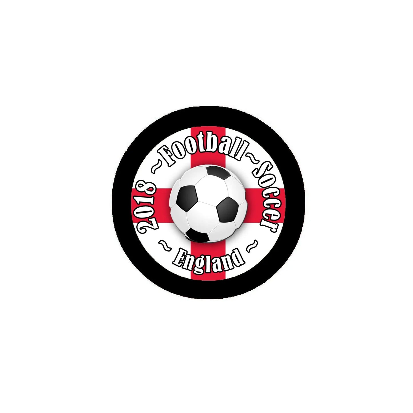 England 2018 soccer pinback badge, black ring with soccer ball and red text
