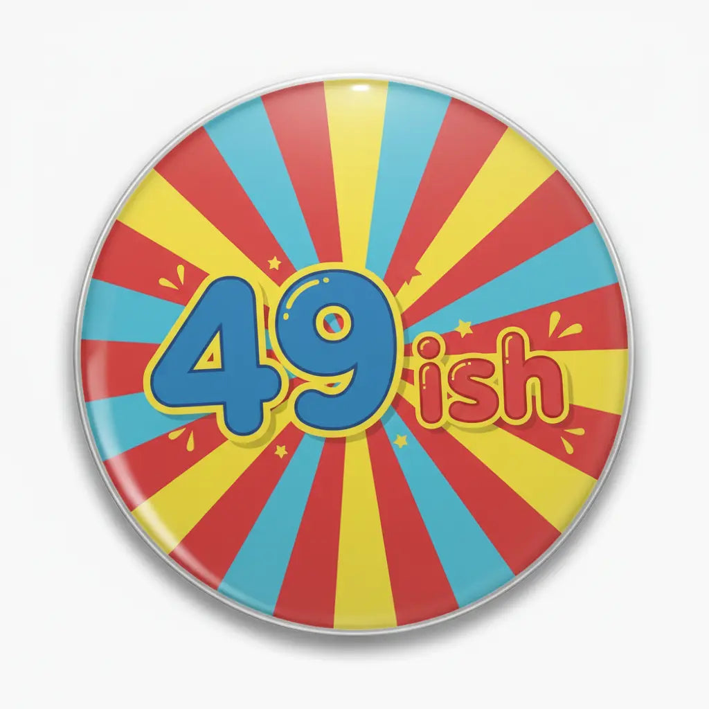 Round 2.25-inch button pinback with colorful radial rays and '49ish' text