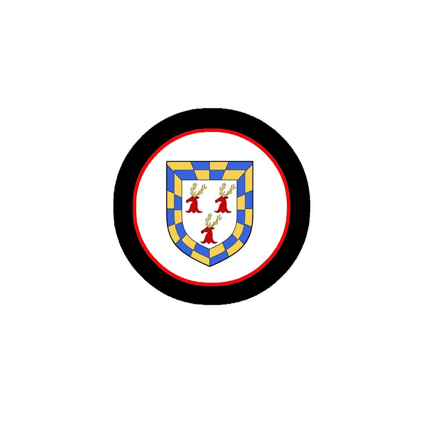 Doyle 3-inch circular coat-of-arms magnet, black border with blue shield and red accents.