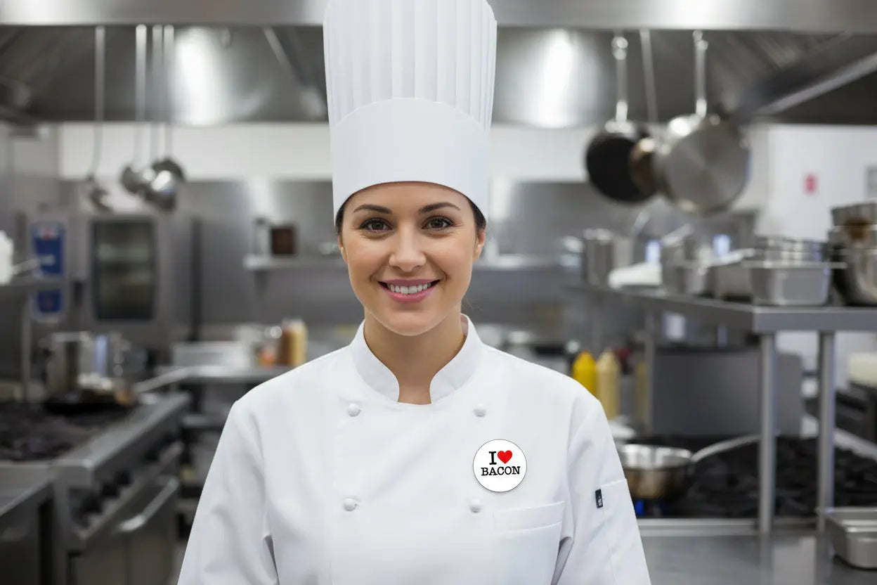 White chef coat with a circular bacon-themed pin on the chest