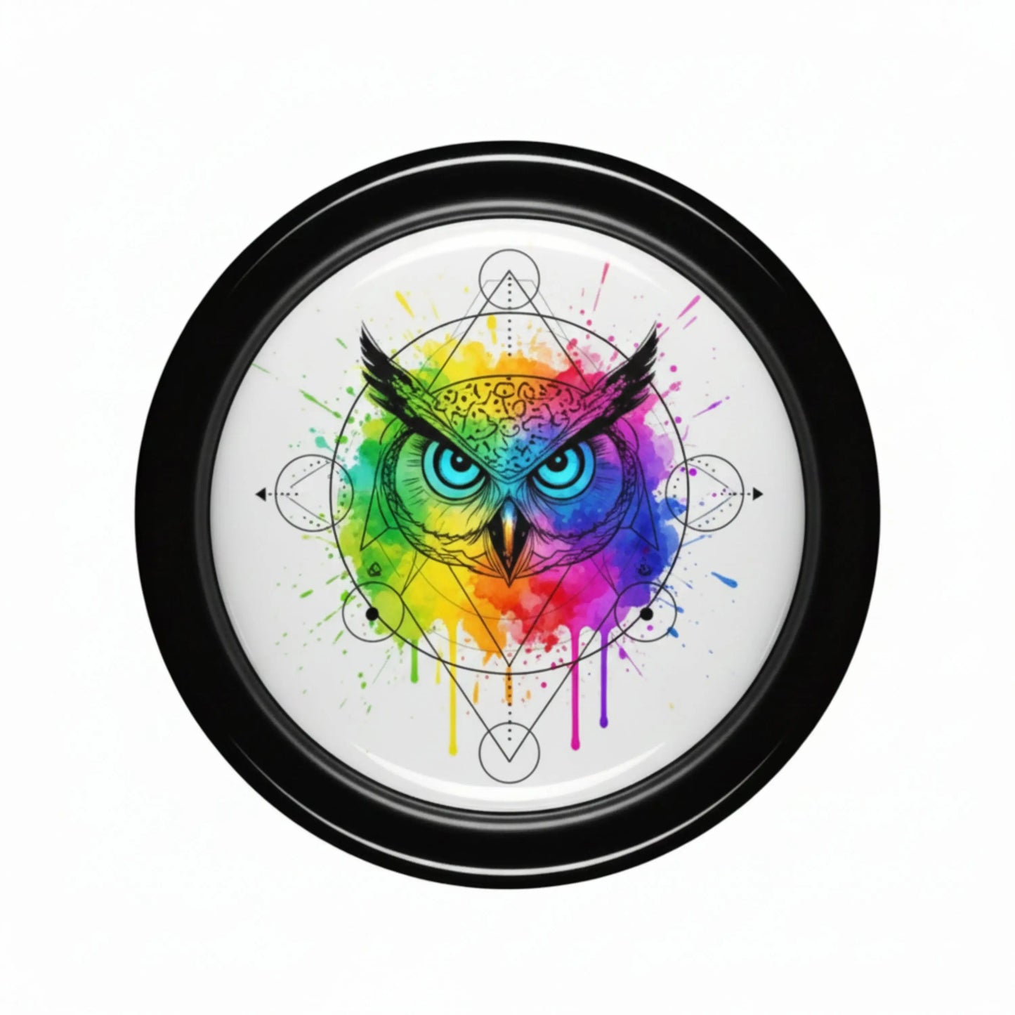 Circular black pinback button with colorful owl tattoo design