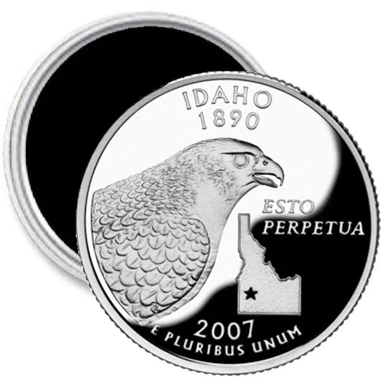Idaho State round coin magnet with silver eagle, Idaho 1890, 2007 text and border